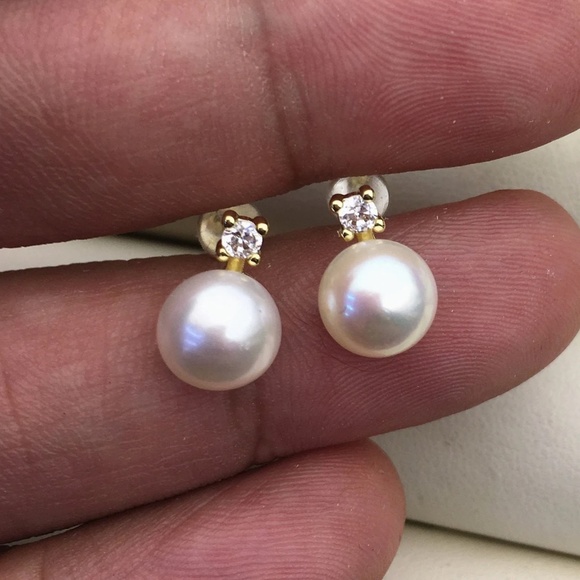 8mm White Cultured Pearl Stud Earrings - 14K Yellow Gold Plate - CZ Accents - Picture 7 of 8